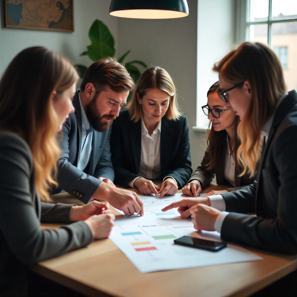 Business team meeting discussing website project requirements